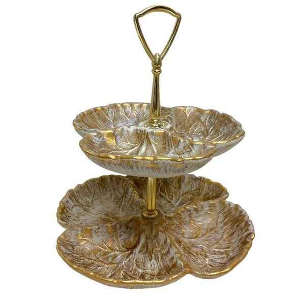 Vintage Haegar Pottery MCM Tiered Platter Gold Leaf Serving Tray 8044-H - Picture 3 of 7